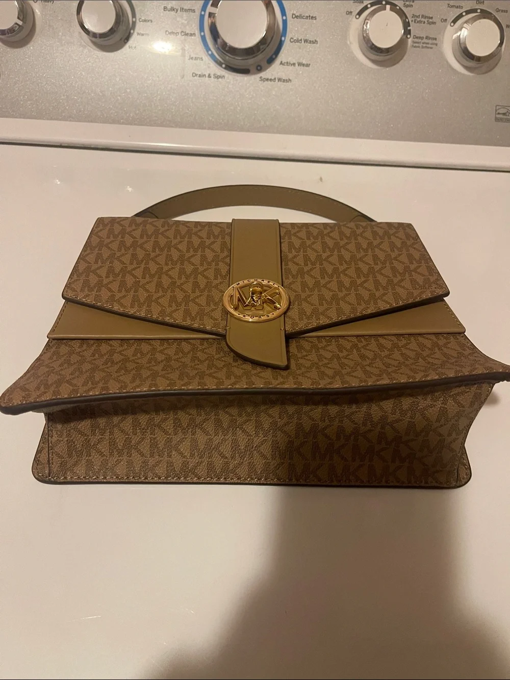 Michael Kors Brown Monogram Top-Handle Satchel with Gold MK Emblem